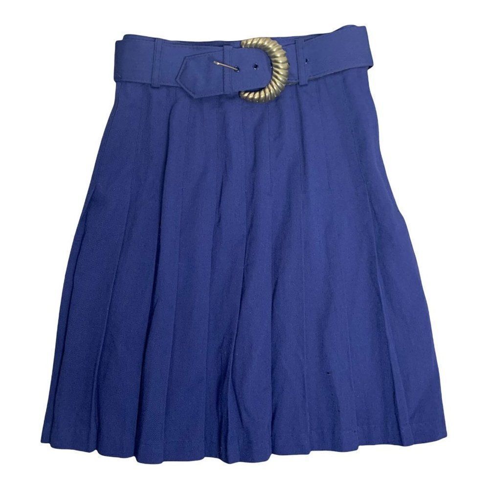 Vintage 90s Pleated Schoolgirl Skirt S Navy Blue Belted Knee Length Button Zip
